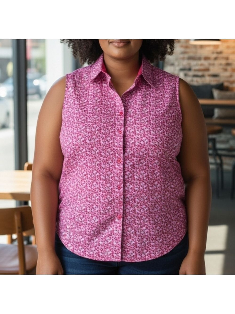 1X • Outline • Boxy Pink and White Sleeveless Button Down Top